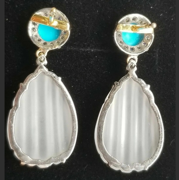 Earrings 14k Gold Diamond Turquoise Rock Crystal Quartz Drop- Estate Jewelry 7g - Picture 8 of 12